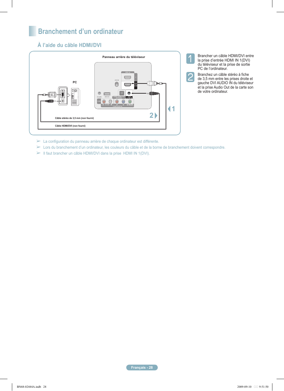 Branchement d’un ordinateur, À l’aide du câble hdmi/dvi | Samsung PN42B400P3DXZA User Manual | Page 28 / 35