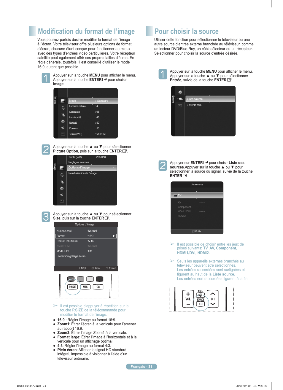 Pour choisir la source, Modification du format de l’image, Changement du format normal de l'image | Samsung PN42B400P3DXZA User Manual | Page 31 / 35