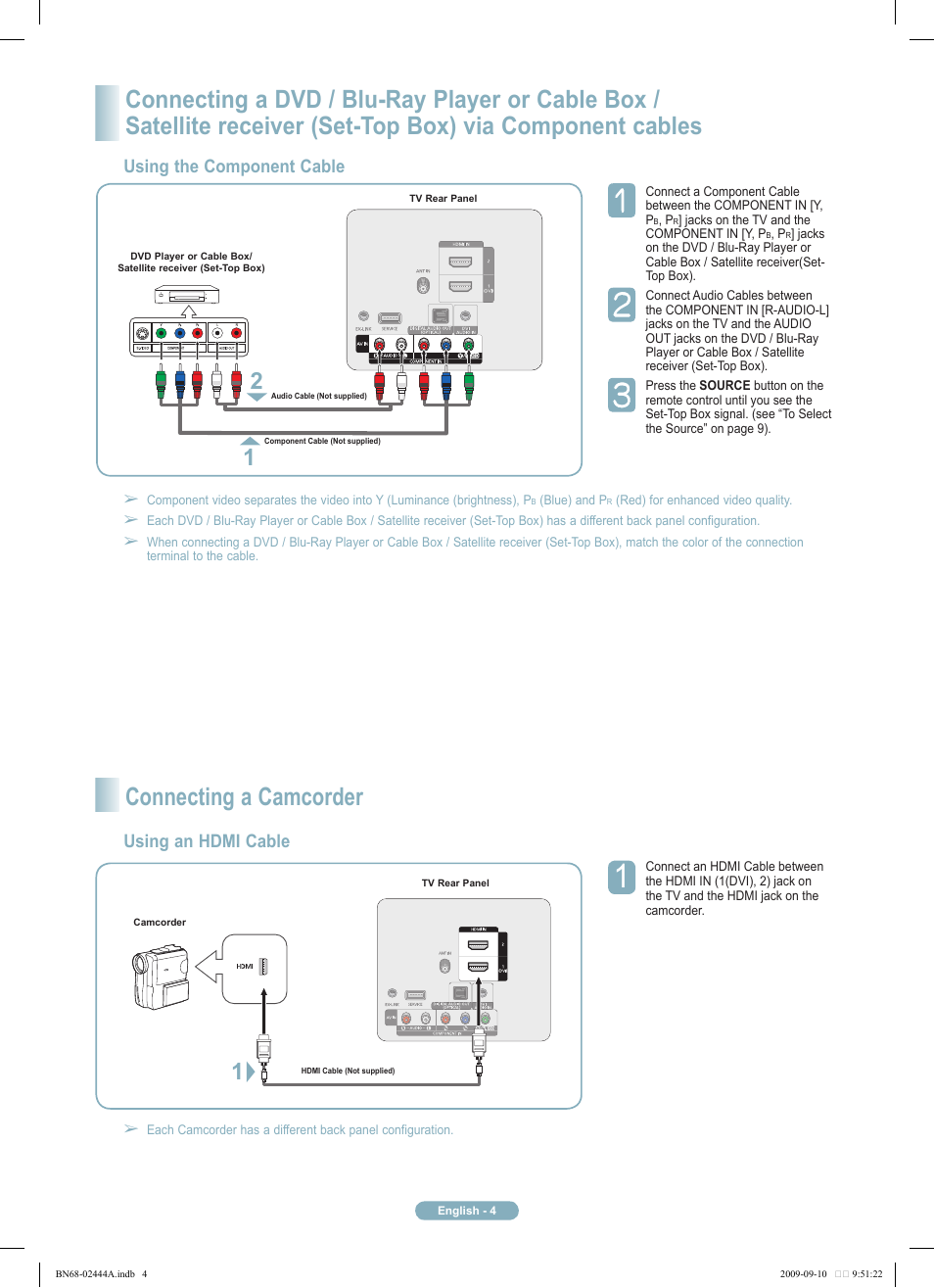 Connecting a camcorder, Using the component cable, Using an hdmi cable | Samsung PN42B400P3DXZA User Manual | Page 4 / 35