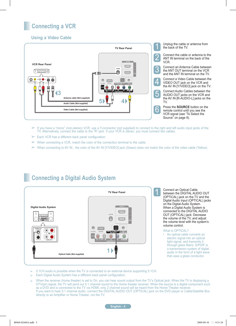 Connecting a vcr, Connecting a digital audio system | Samsung PN42B400P3DXZA User Manual | Page 5 / 35