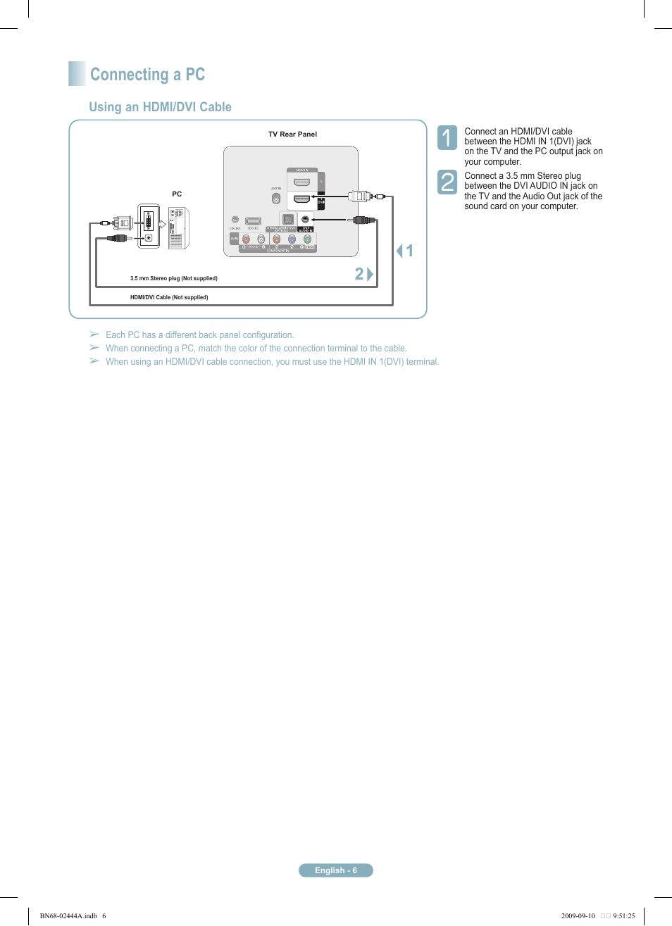 Connecting a pc, Using an hdmi/dvi cable | Samsung PN42B400P3DXZA User Manual | Page 6 / 35