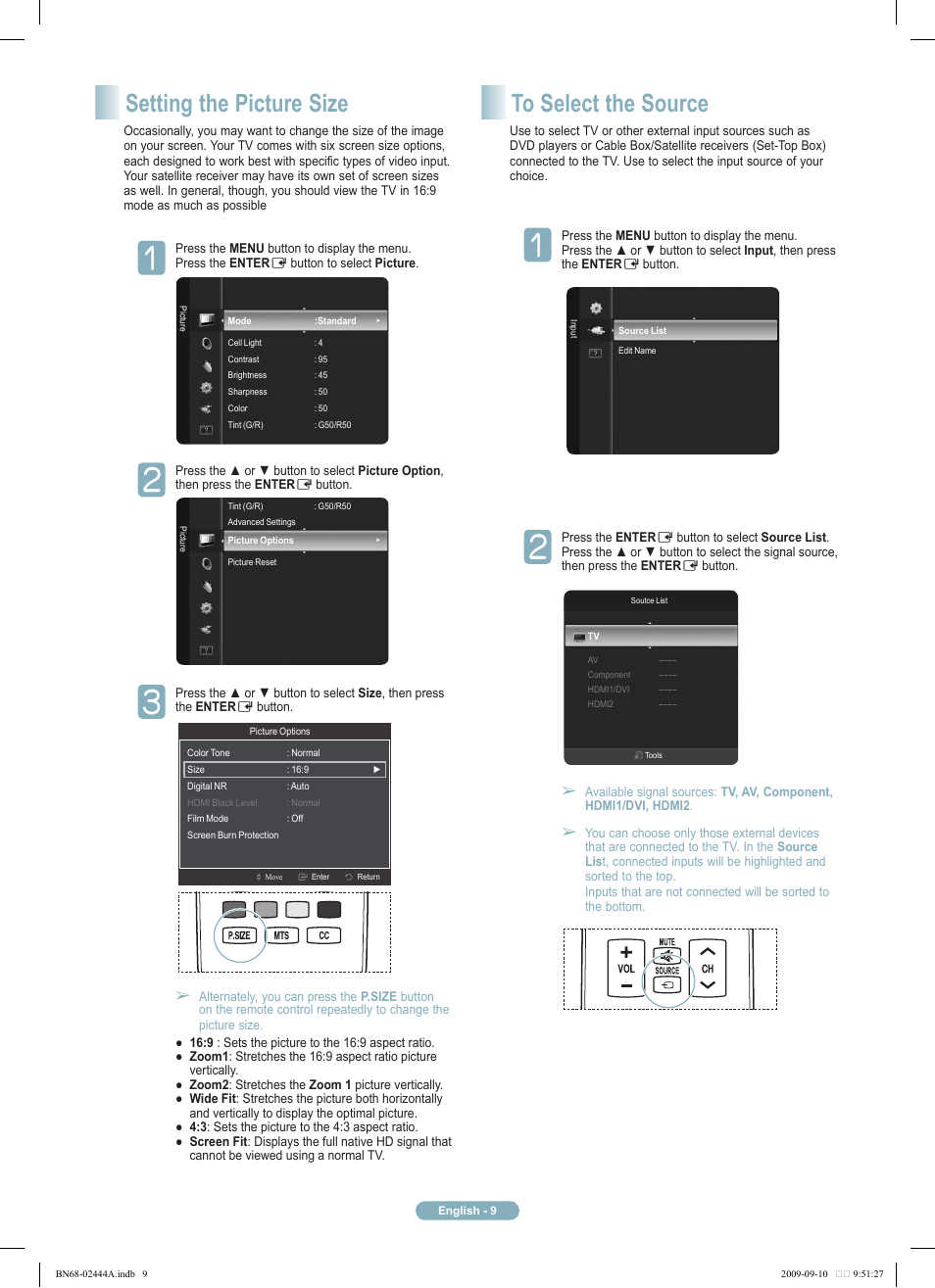 Setting the picture size | Samsung PN42B400P3DXZA User Manual | Page 9 / 35