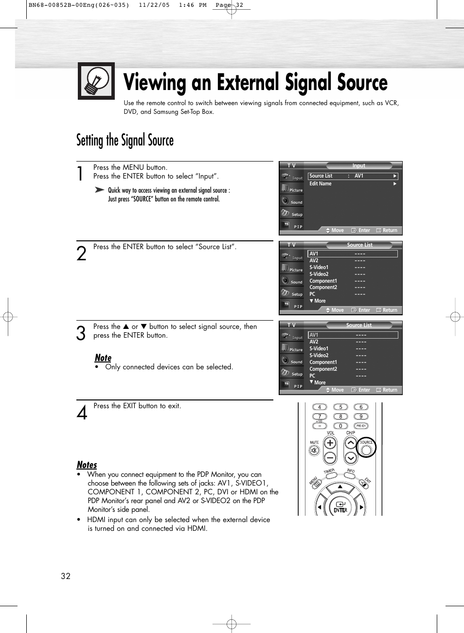 Viewing an external signal source, Setting the signal source | Samsung HPR8082X-XAA User Manual | Page 32 / 92