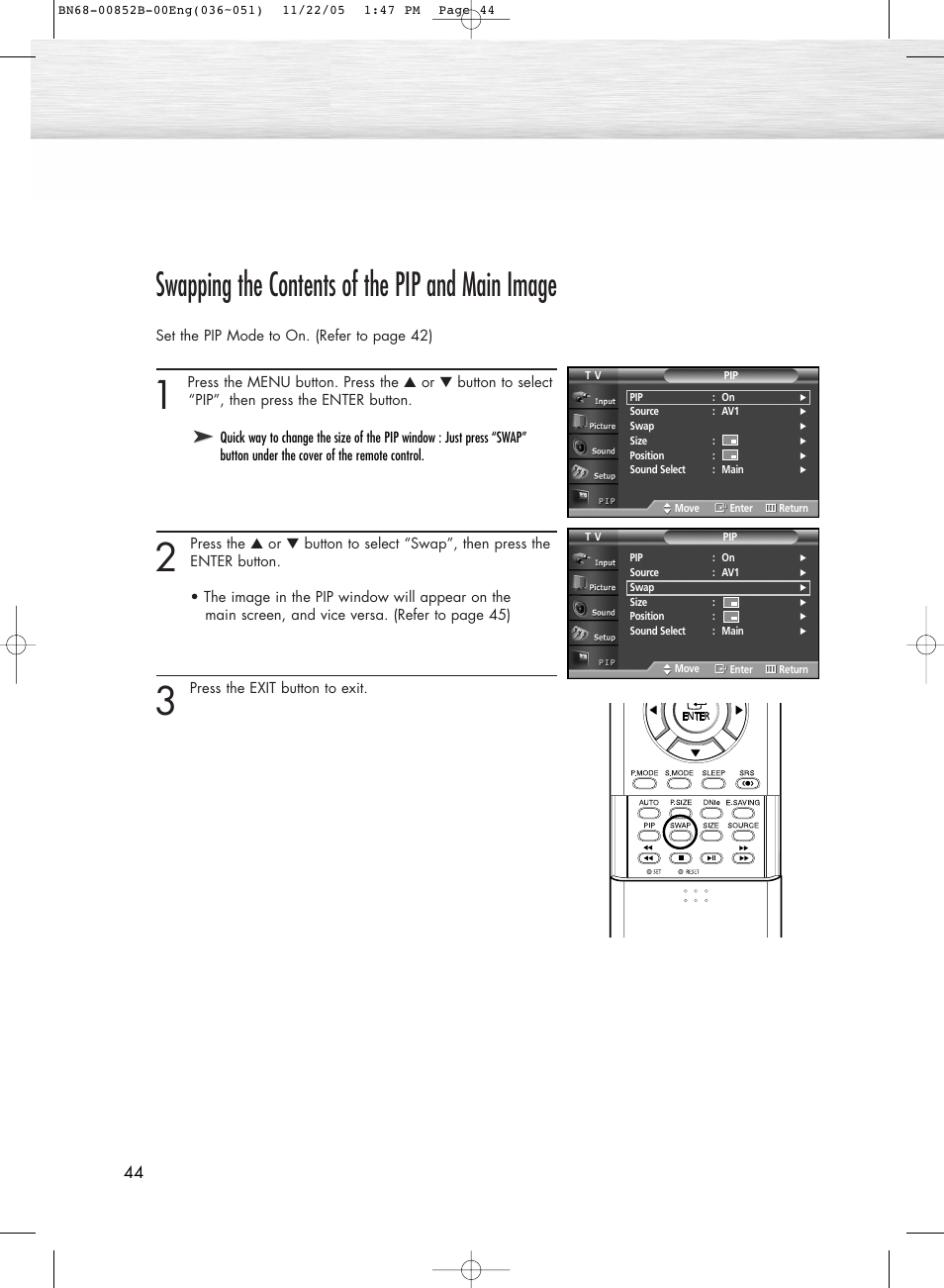 Swapping the contents of the pip and main image | Samsung HPR8082X-XAA User Manual | Page 44 / 92