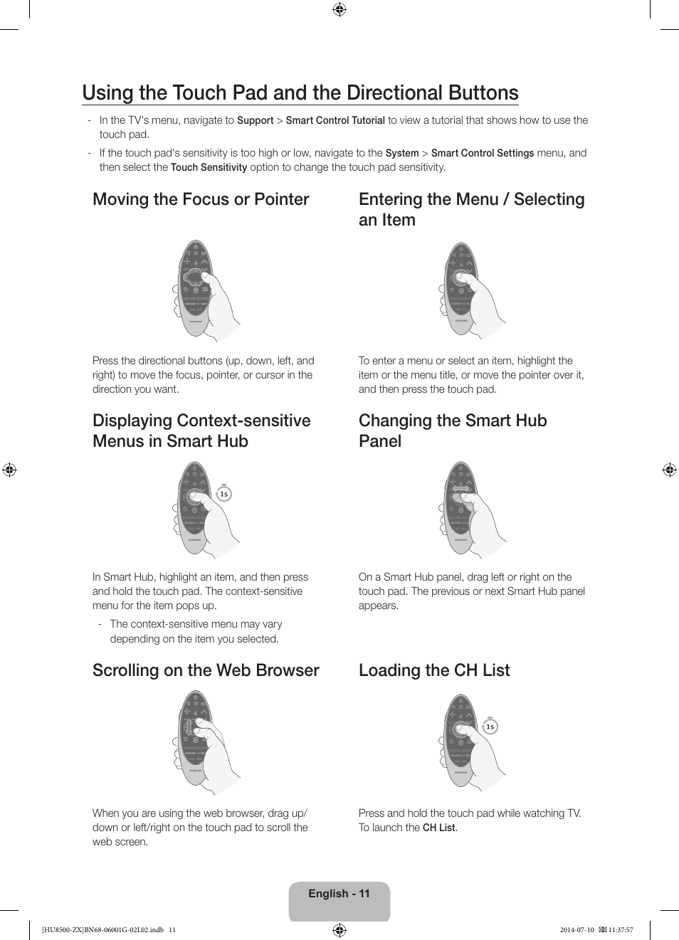 Using the touch pad and the directional buttons, Scrolling on the web browser loading the ch list | Samsung UN65HU8500FXZA User Manual | Page 11 / 59