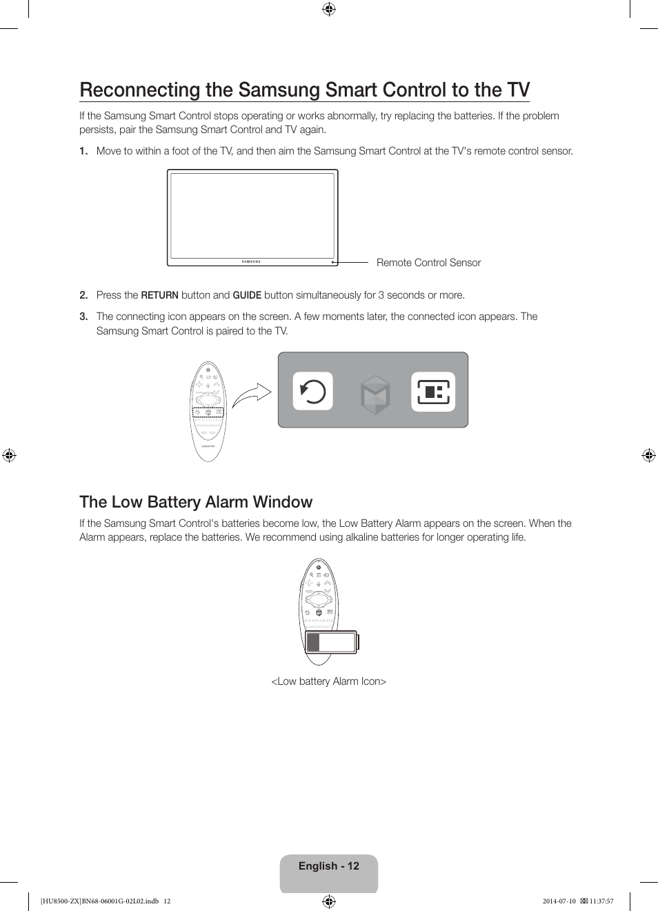 Reconnecting the samsung smart control to the tv, The low battery alarm window | Samsung UN65HU8500FXZA User Manual | Page 12 / 59