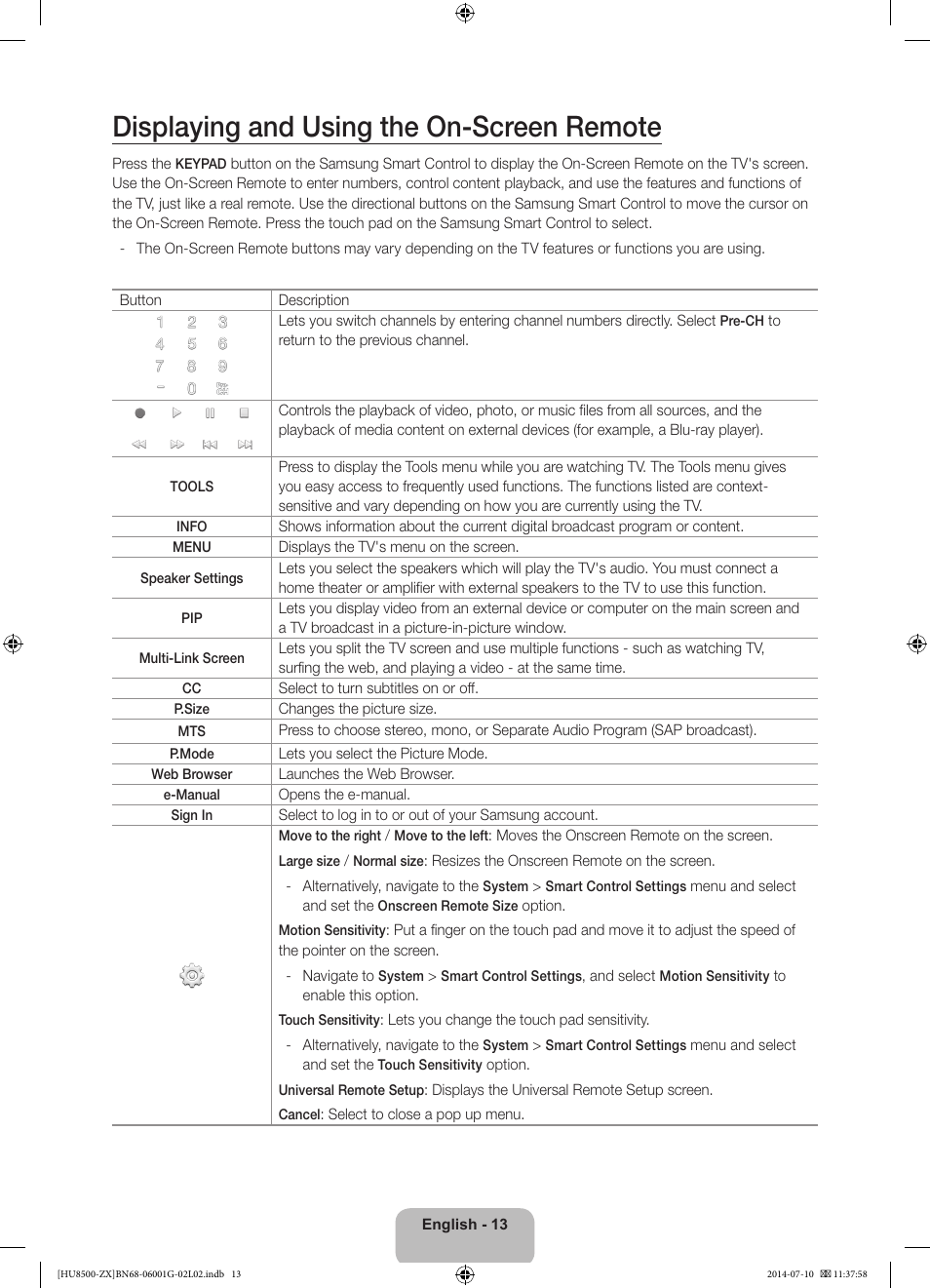 Displaying and using the on-screen remote | Samsung UN65HU8500FXZA User Manual | Page 13 / 59