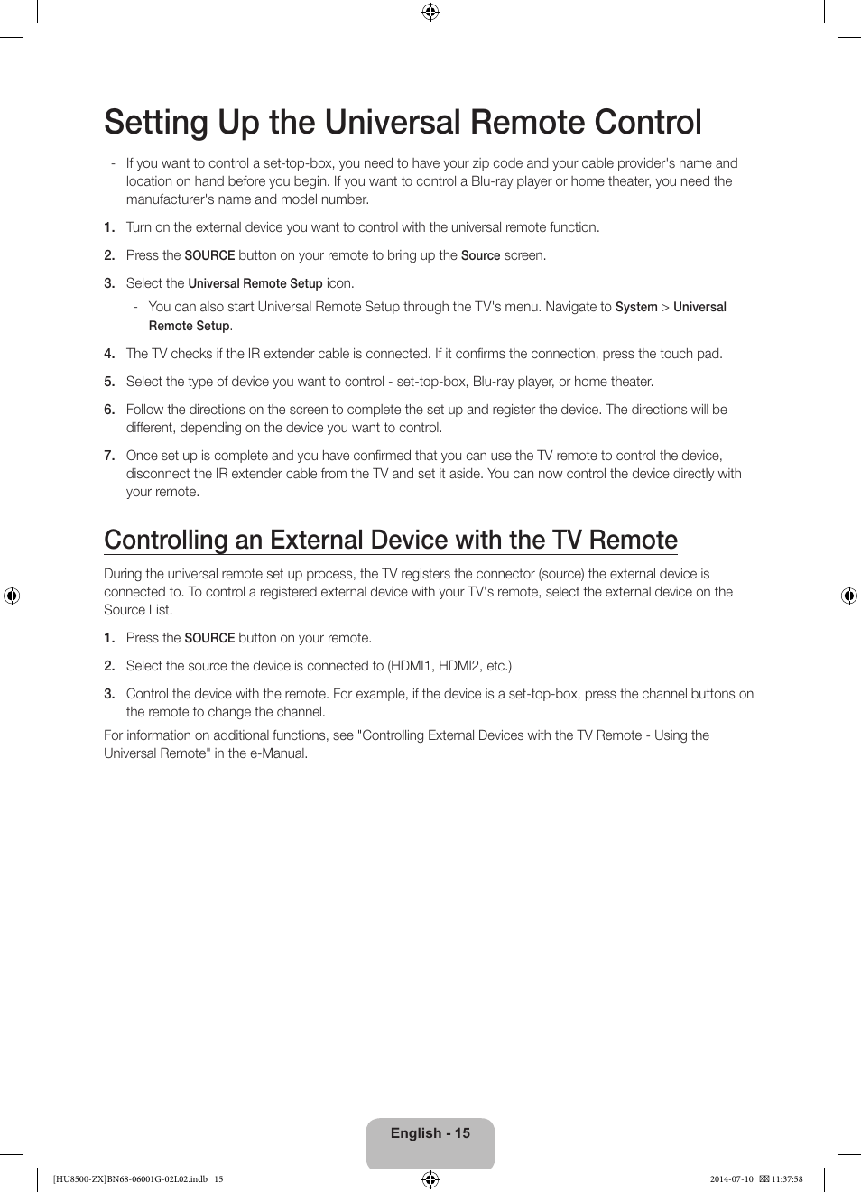 Setting up the universal remote control, Controlling an external device with the tv remote | Samsung UN65HU8500FXZA User Manual | Page 15 / 59