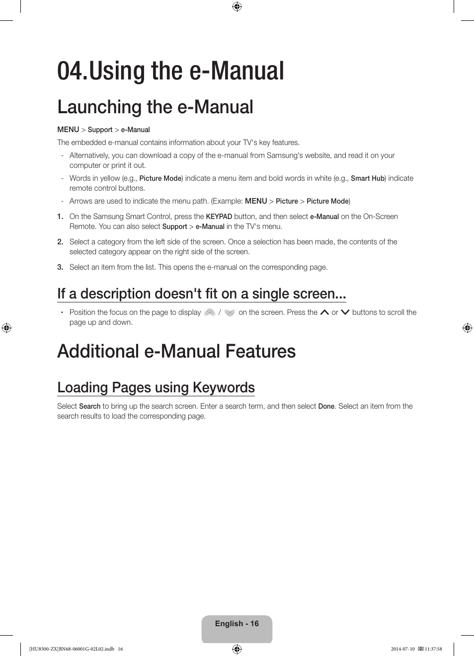 Using the e-manual, Launching the e-manual, Additional e-manual features | If a description doesn't fit on a single screen, Loading pages using keywords | Samsung UN65HU8500FXZA User Manual | Page 16 / 59