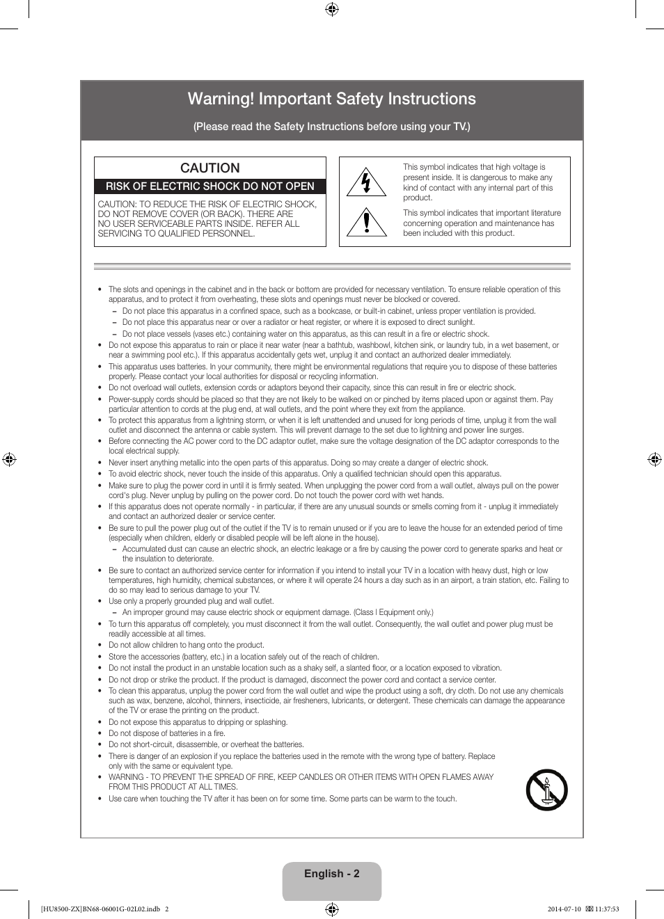 Warning! important safety instructions, Caution | Samsung UN65HU8500FXZA User Manual | Page 2 / 59