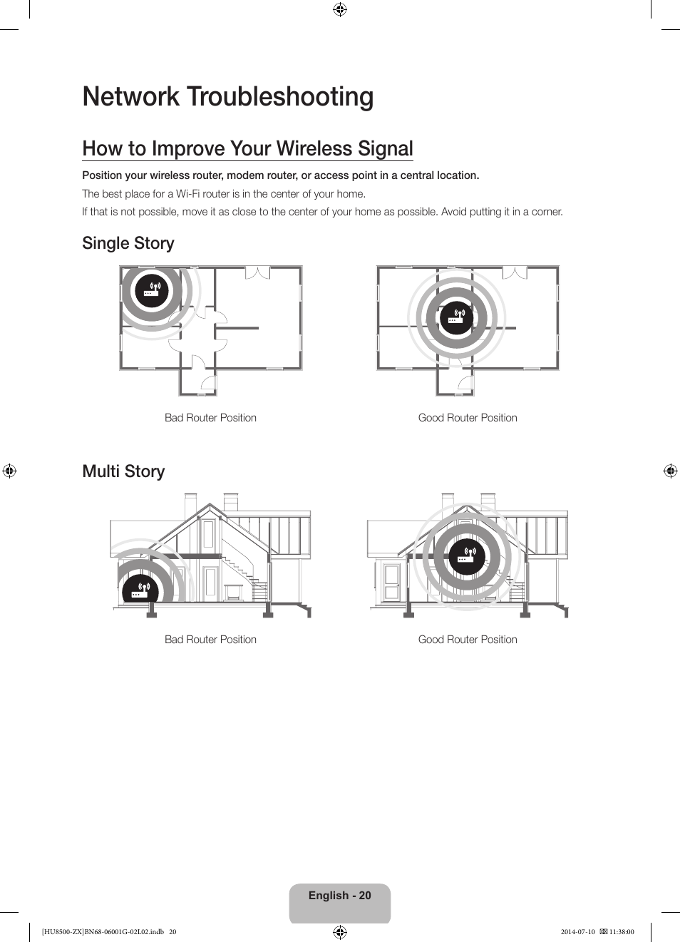Network troubleshooting, How to improve your wireless signal, Single story | Multi story | Samsung UN65HU8500FXZA User Manual | Page 20 / 59