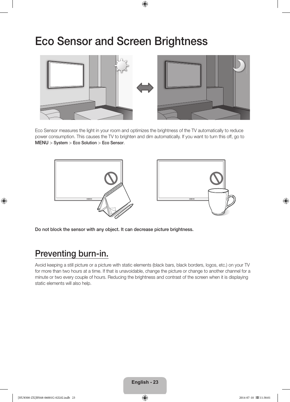 Eco sensor and screen brightness, Preventing burn-in | Samsung UN65HU8500FXZA User Manual | Page 23 / 59