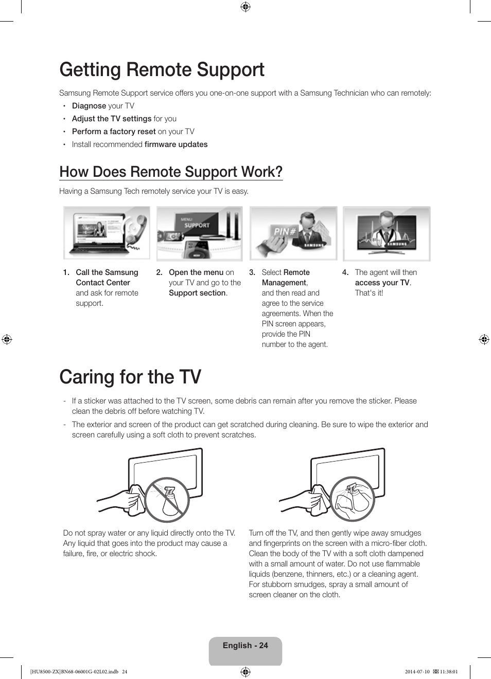 Getting remote support, Caring for the tv, How does remote support work | Samsung UN65HU8500FXZA User Manual | Page 24 / 59