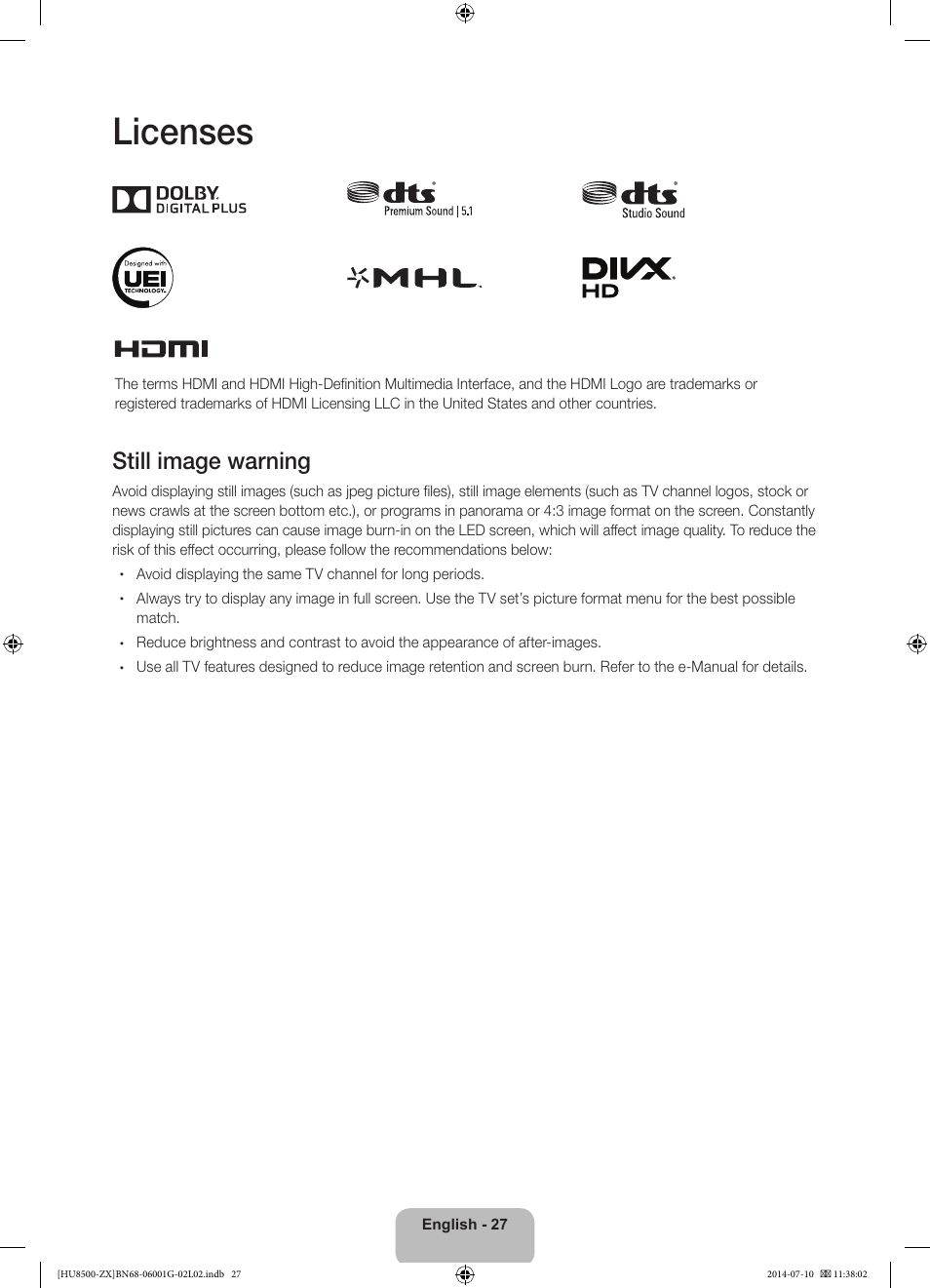 Licenses, Still image warning | Samsung UN65HU8500FXZA User Manual | Page 27 / 59