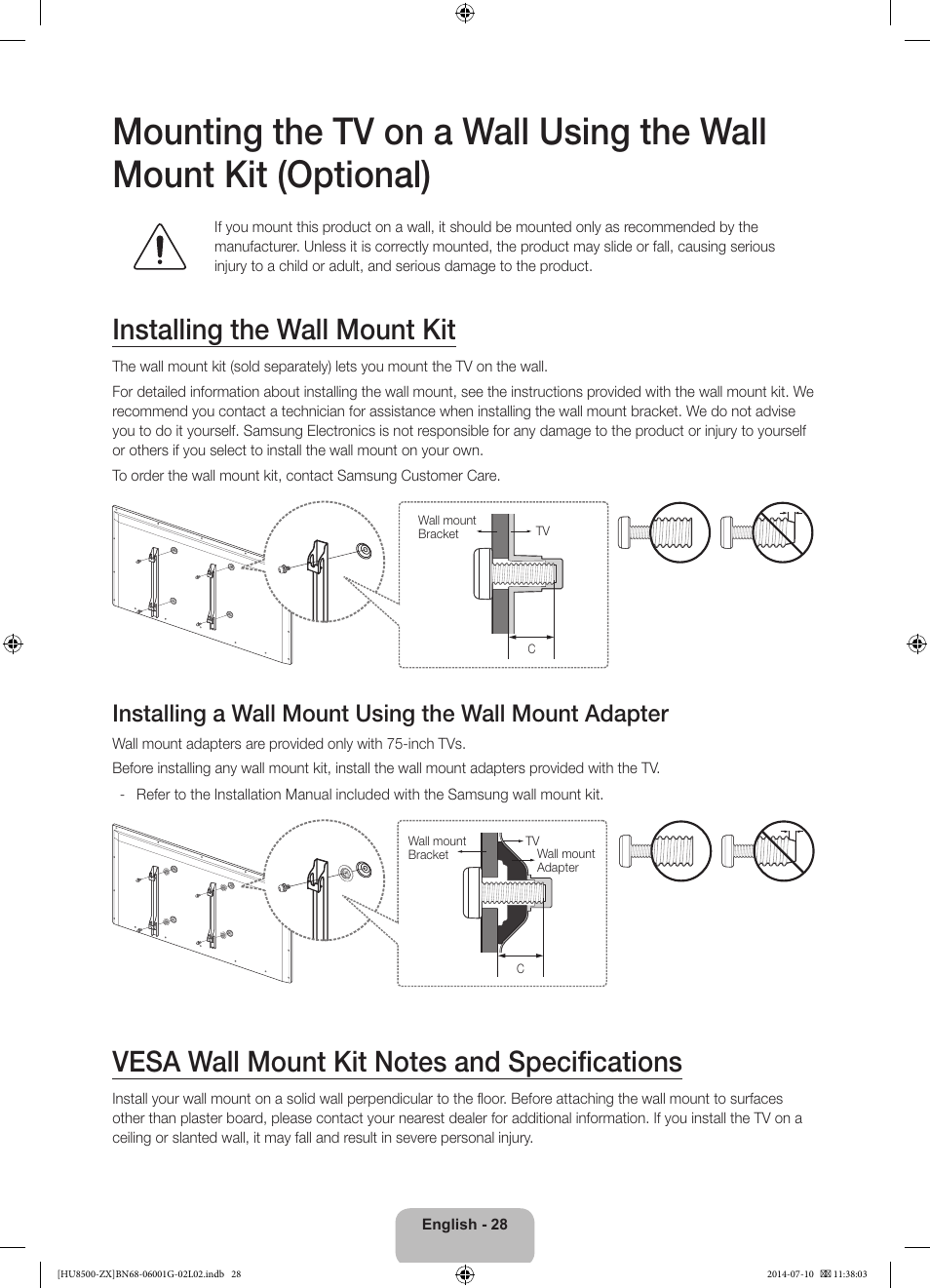 Installing the wall mount kit | Samsung UN65HU8500FXZA User Manual | Page 28 / 59