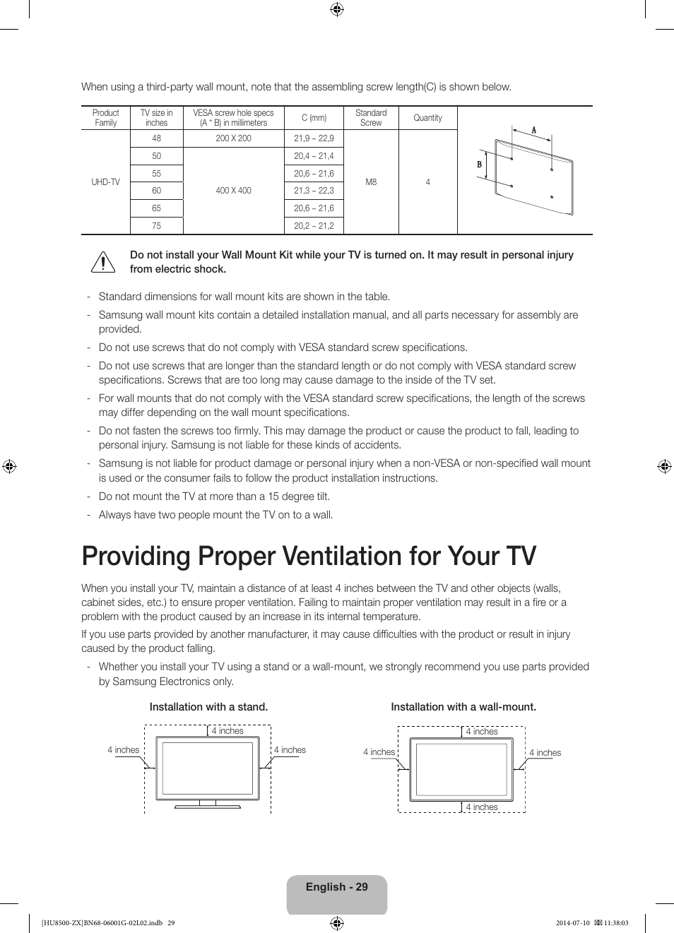 Providing proper ventilation for your tv | Samsung UN65HU8500FXZA User Manual | Page 29 / 59