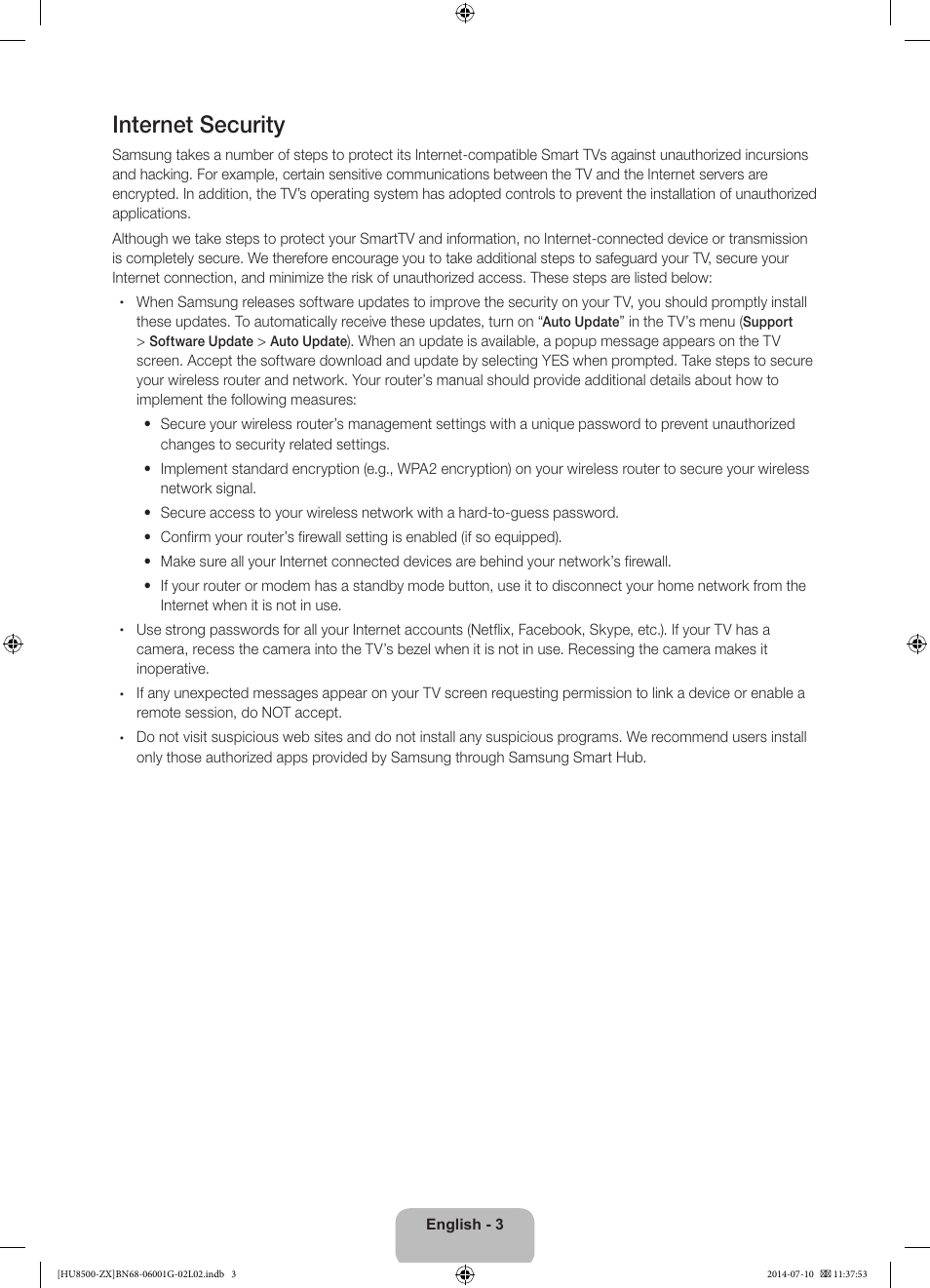 Internet security | Samsung UN65HU8500FXZA User Manual | Page 3 / 59
