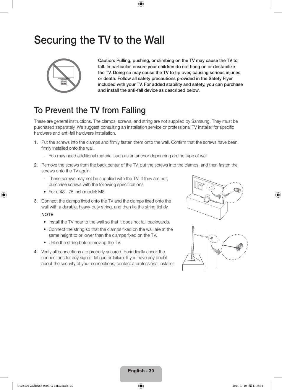 Securing the tv to the wall | Samsung UN65HU8500FXZA User Manual | Page 30 / 59