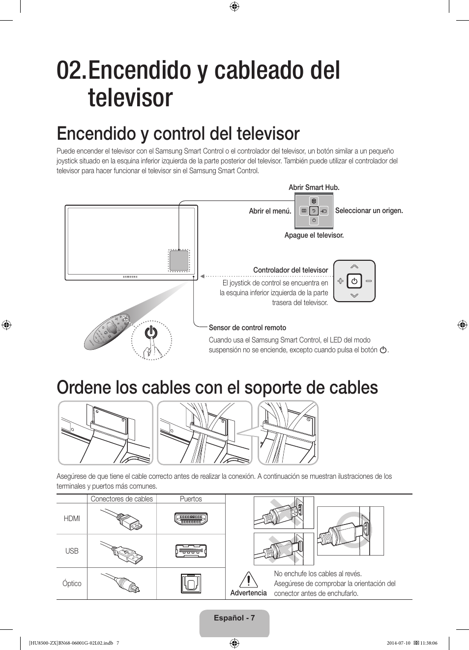Encendido y cableado del televisor, Encendido y control del televisor, Ordene los cables con el soporte de cables | Samsung UN65HU8500FXZA User Manual | Page 36 / 59