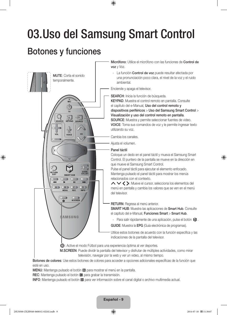 Uso del samsung smart control, Botones y funciones | Samsung UN65HU8500FXZA User Manual | Page 38 / 59