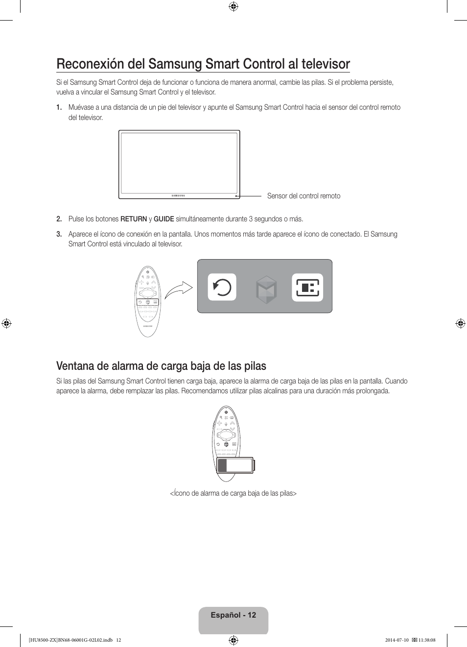 Reconexión del samsung smart control al televisor, Ventana de alarma de carga baja de las pilas | Samsung UN65HU8500FXZA User Manual | Page 41 / 59
