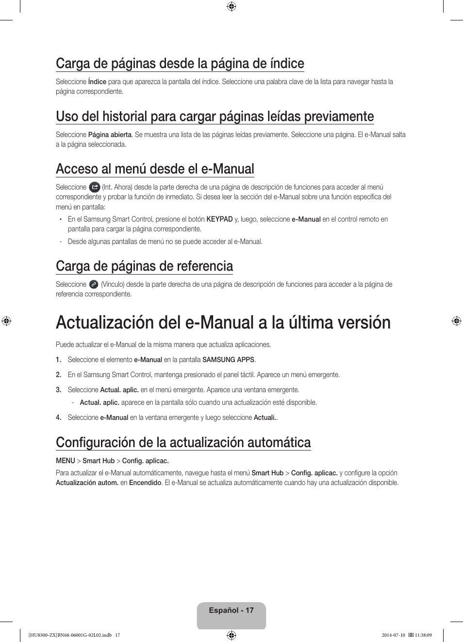 Actualización del e-manual a la última versión, Carga de páginas desde la página de índice, Acceso al menú desde el e-manual | Carga de páginas de referencia, Configuración de la actualización automática | Samsung UN65HU8500FXZA User Manual | Page 46 / 59