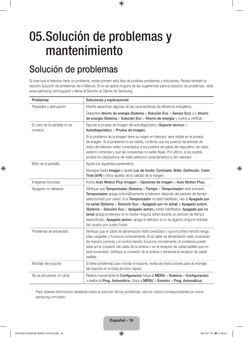 Solución de problemas y mantenimiento, Solución de problemas | Samsung UN65HU8500FXZA User Manual | Page 47 / 59