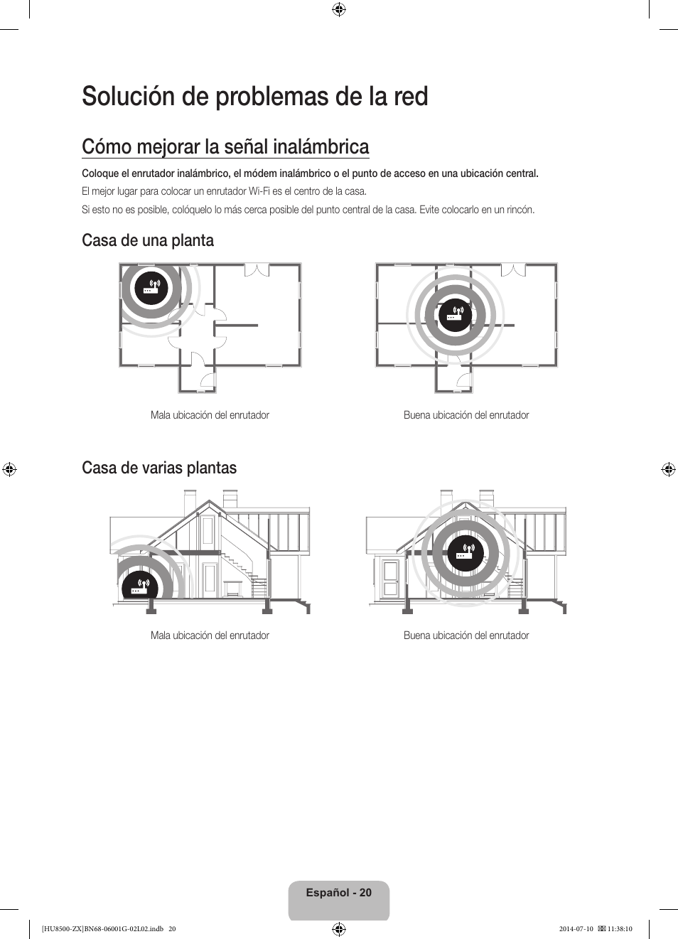 Solución de problemas de la red, Cómo mejorar la señal inalámbrica, Casa de una planta | Casa de varias plantas | Samsung UN65HU8500FXZA User Manual | Page 49 / 59