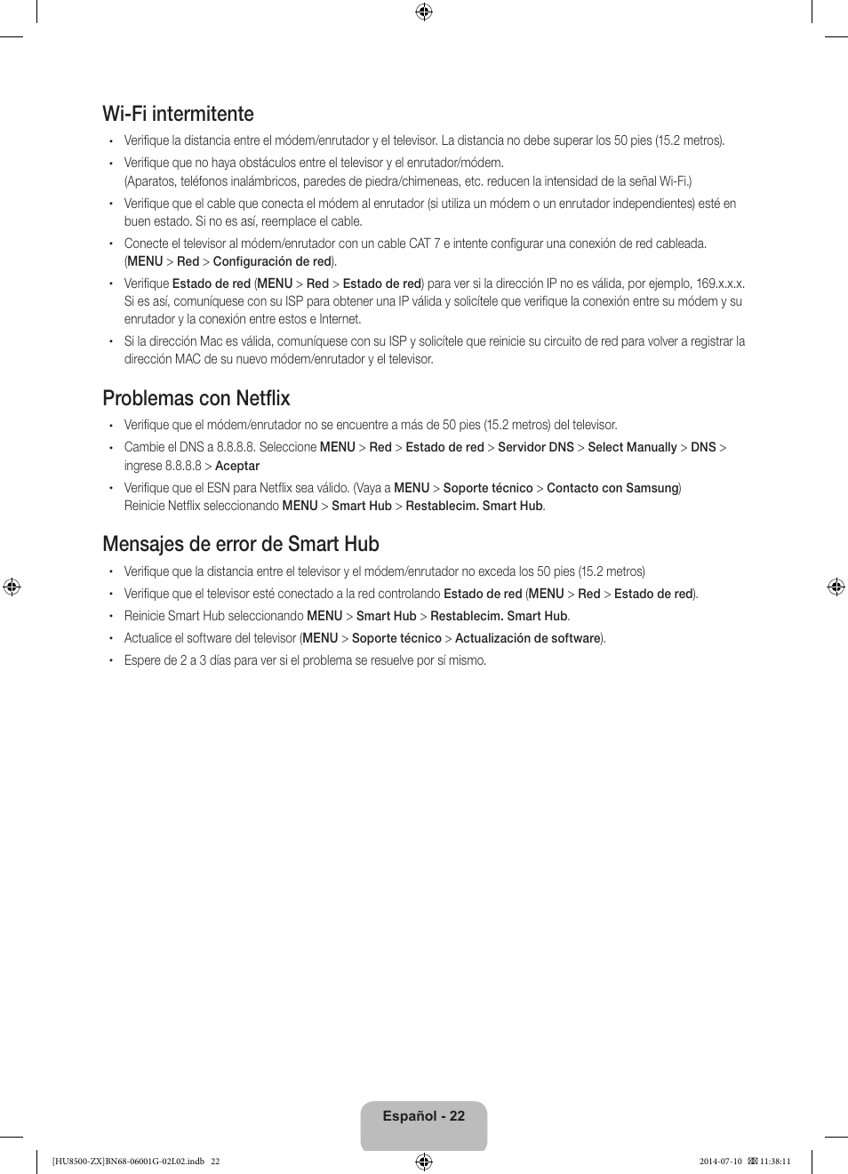 Wi-fi intermitente, Problemas con netflix, Mensajes de error de smart hub | Samsung UN65HU8500FXZA User Manual | Page 51 / 59