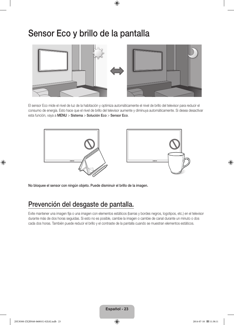 Sensor eco y brillo de la pantalla, Prevención del desgaste de pantalla | Samsung UN65HU8500FXZA User Manual | Page 52 / 59