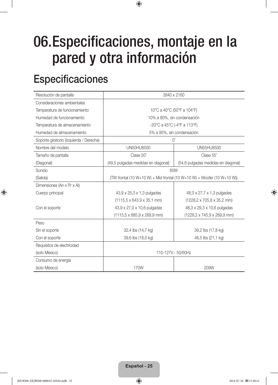 Especificaciones | Samsung UN65HU8500FXZA User Manual | Page 54 / 59