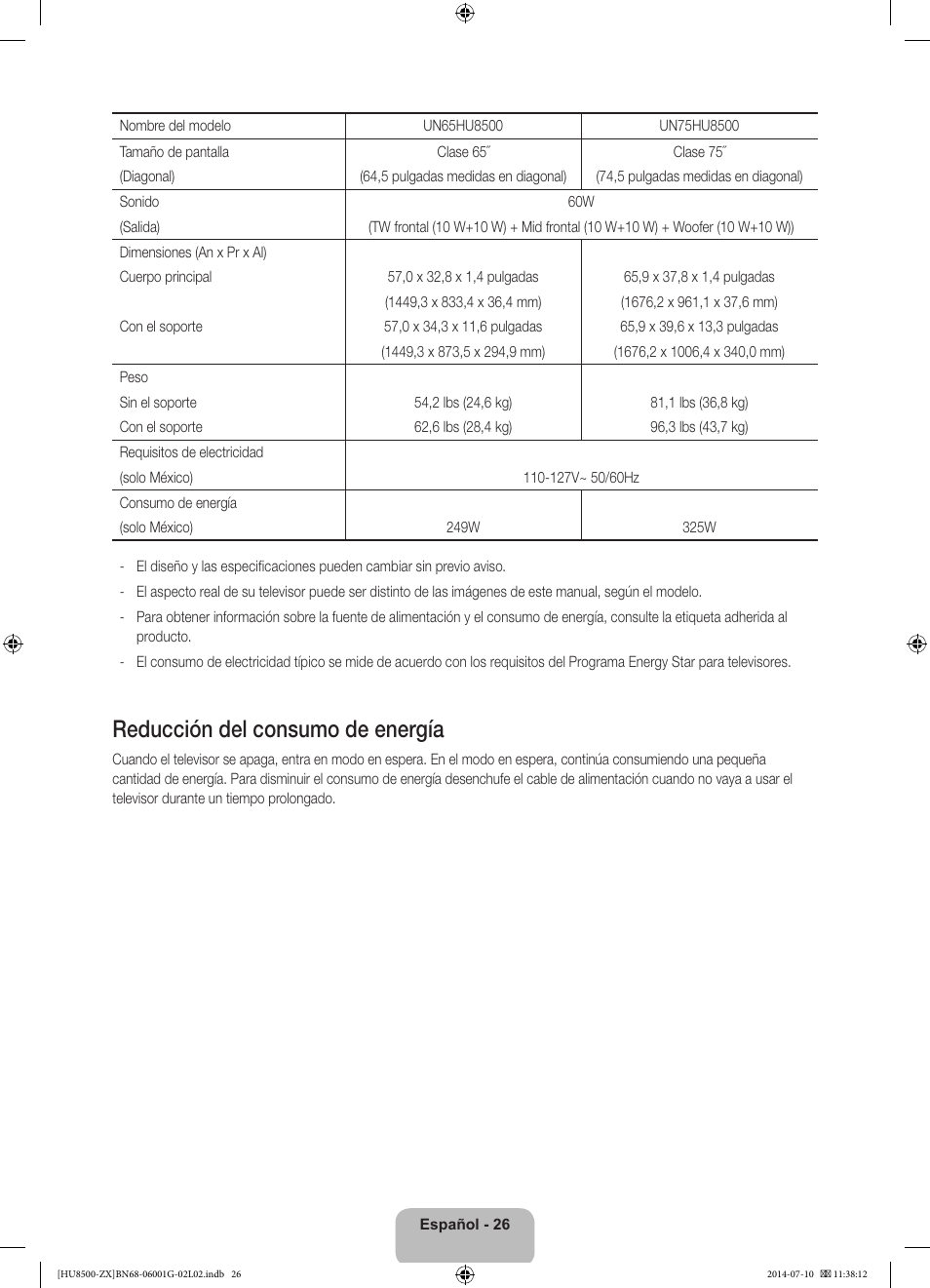 Reducción del consumo de energía | Samsung UN65HU8500FXZA User Manual | Page 55 / 59