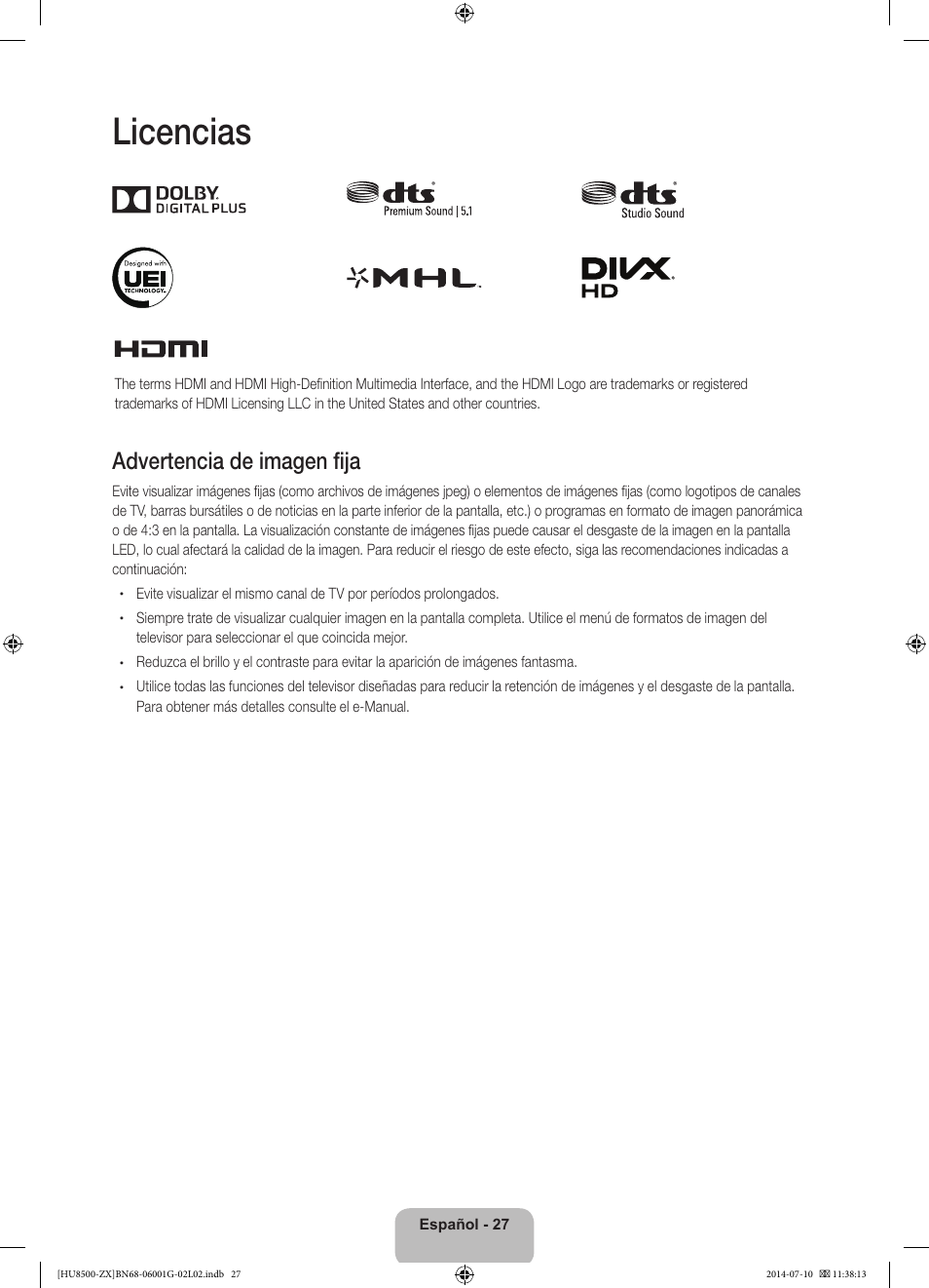 Licencias, Advertencia de imagen fija | Samsung UN65HU8500FXZA User Manual | Page 56 / 59