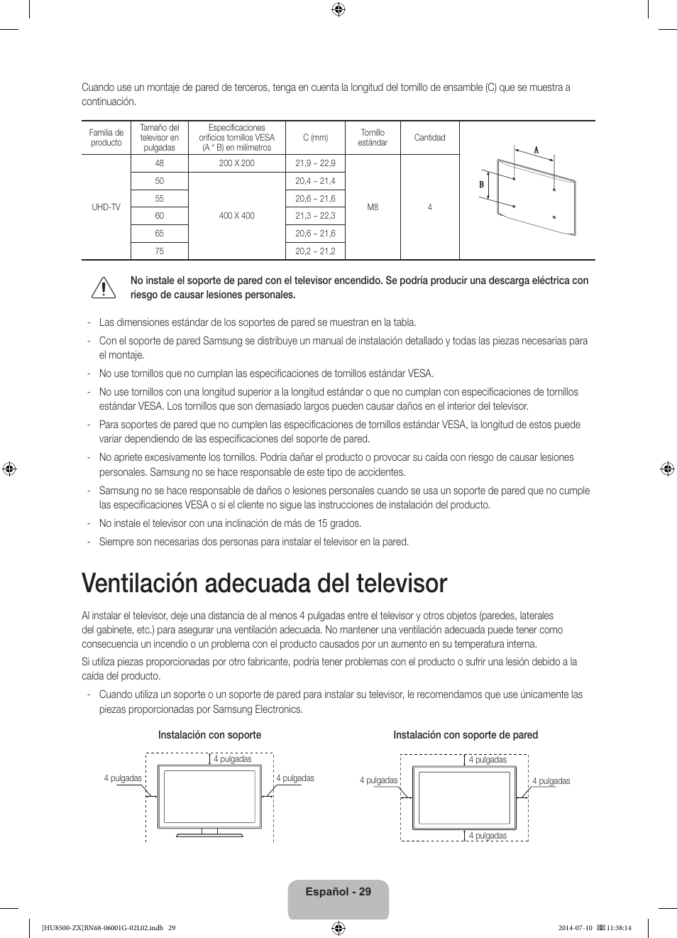 Ventilación adecuada del televisor | Samsung UN65HU8500FXZA User Manual | Page 58 / 59
