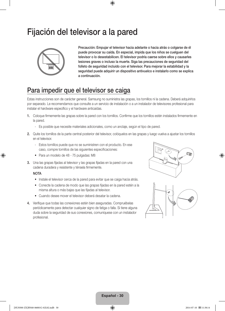 Fijación del televisor a la pared, Para impedir que el televisor se caiga | Samsung UN65HU8500FXZA User Manual | Page 59 / 59