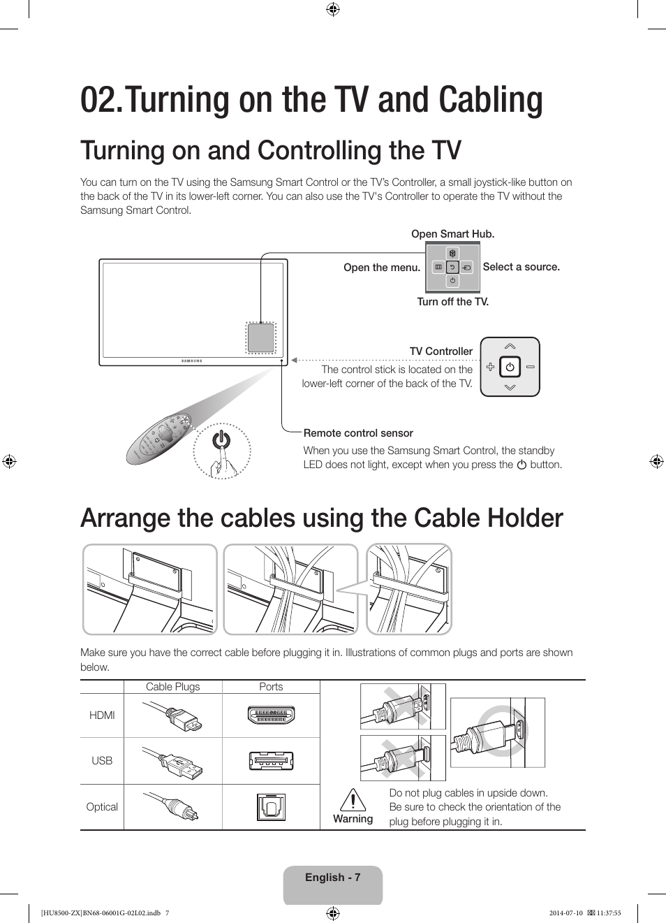 Turning on the tv and cabling, Turning on and controlling the tv, Arrange the cables using the cable holder | Samsung UN65HU8500FXZA User Manual | Page 7 / 59