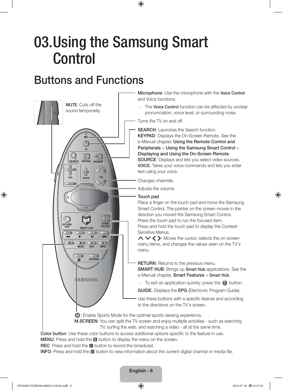 Using the samsung smart control, Buttons and functions | Samsung UN65HU8500FXZA User Manual | Page 9 / 59