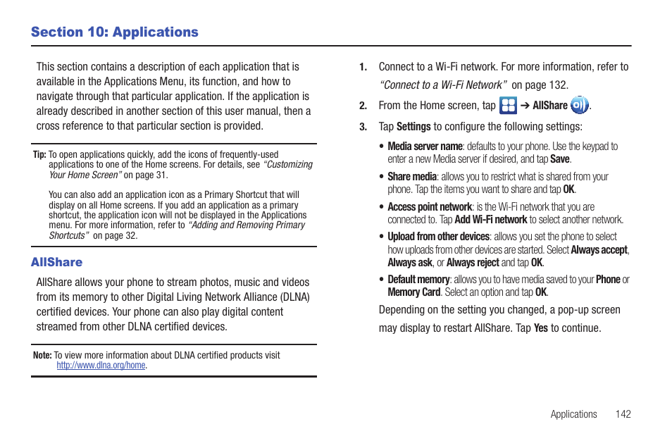 Section 10: applications, Allshare | Samsung SGH-I997ZKAATT User Manual | Page 147 / 205