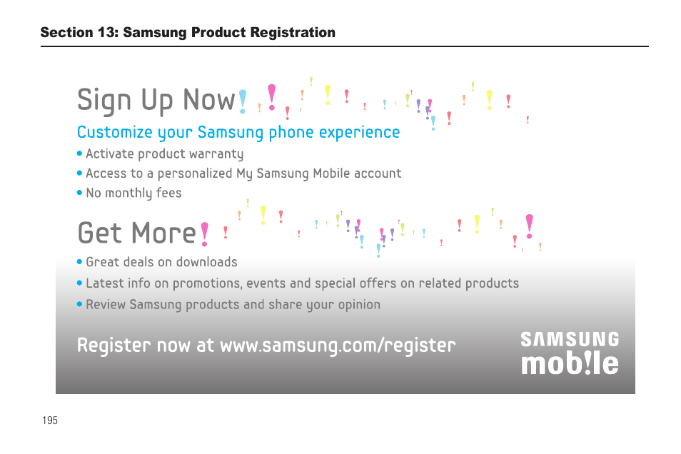 Section 13: samsung product registration | Samsung SGH-I997ZKAATT User Manual | Page 200 / 205