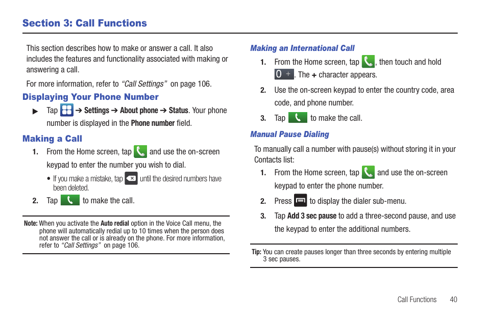 Section 3: call functions, Displaying your phone number, Making a call | Displaying your phone number making a call | Samsung SGH-I997ZKAATT User Manual | Page 45 / 205