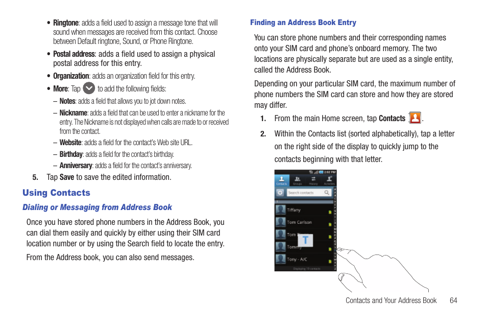 Using contacts | Samsung SGH-I997ZKAATT User Manual | Page 69 / 205