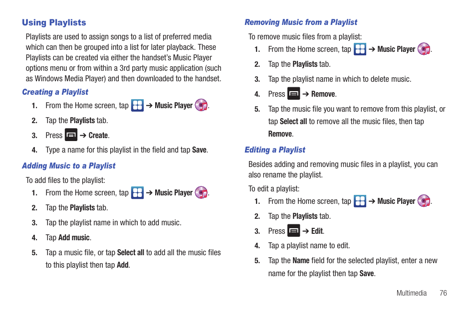 Using playlists | Samsung SGH-I997ZKAATT User Manual | Page 81 / 205