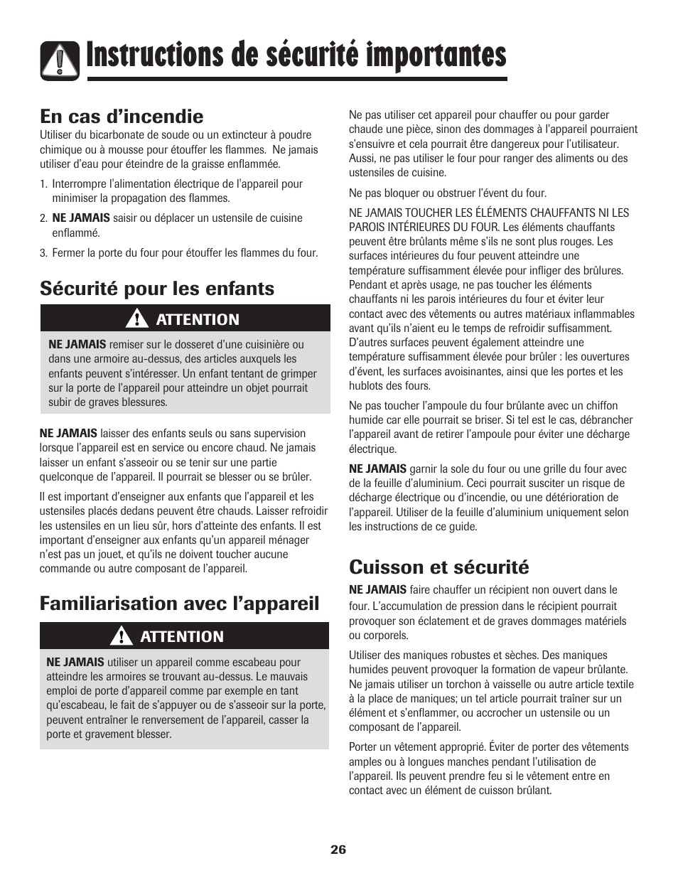 Instructions de sécurité importantes, En cas d’incendie, Sécurité pour les enfants | Cuisson et sécurité, Familiarisation avec l’appareil | Amana Smoothtop User Manual | Page 27 / 76