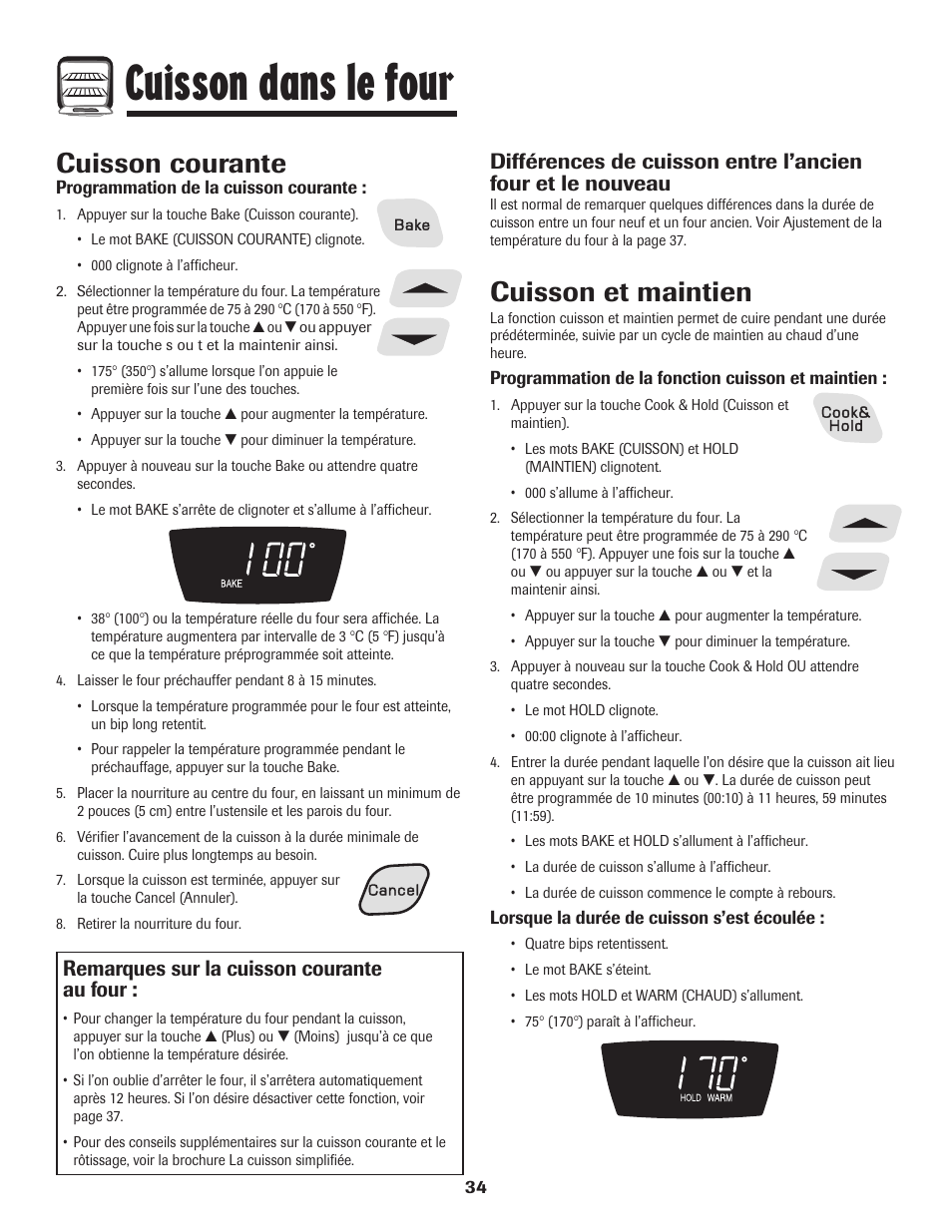 Cuisson dans le four, Cuisson courante, Cuisson et maintien | Remarques sur la cuisson courante au four | Amana Smoothtop User Manual | Page 35 / 76