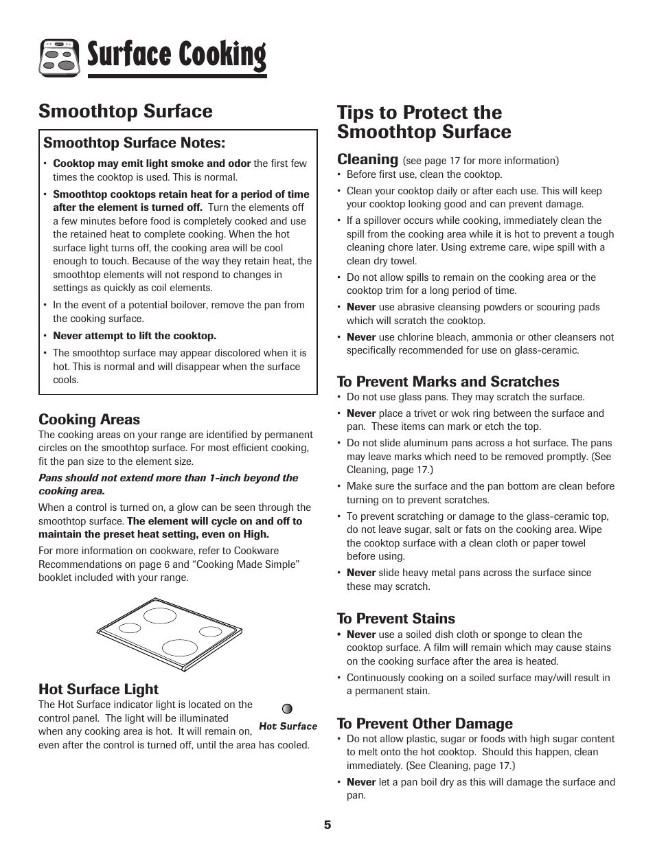 Surface cooking, Smoothtop surface, Tips to protect the smoothtop surface | Cooking areas, Hot surface light, Cleaning | Amana Smoothtop User Manual | Page 6 / 76