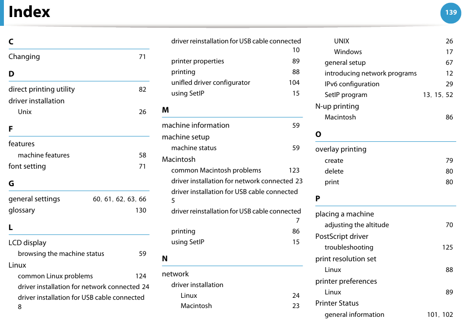 Index, Changing 71, Direct printing utility 82 | Driver installation, Unix 26, Features, Machine features 58, Font setting 71, General settings 60, 61, 62, 63, 66, Glossary 130 | Samsung ML-2955ND-XAA User Manual | Page 229 / 230