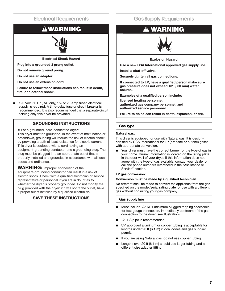 Electrical requirements, Gas supply requirements, Natural gas | Lp gas conversion, Conversion must be made by a qualified technician, Warning | Amana W10216187A User Manual | Page 7 / 24