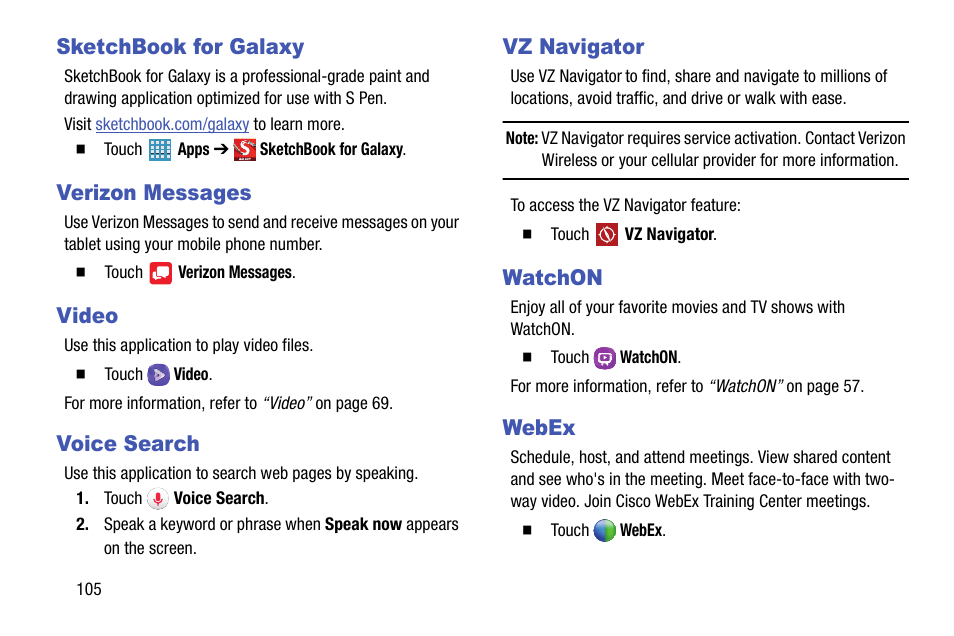 Sketchbook for galaxy, Verizon messages, Video | Voice search, Vz navigator, Watchon, Webex, Watchon webex | Samsung SM-P905VZKAVZW User Manual | Page 111 / 158