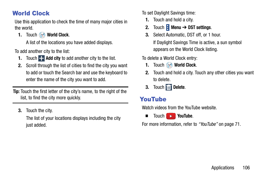 World clock, Youtube, World clock youtube | Samsung SM-P905VZKAVZW User Manual | Page 112 / 158