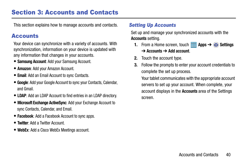 Section 3: accounts and contacts, Accounts | Samsung SM-P905VZKAVZW User Manual | Page 46 / 158